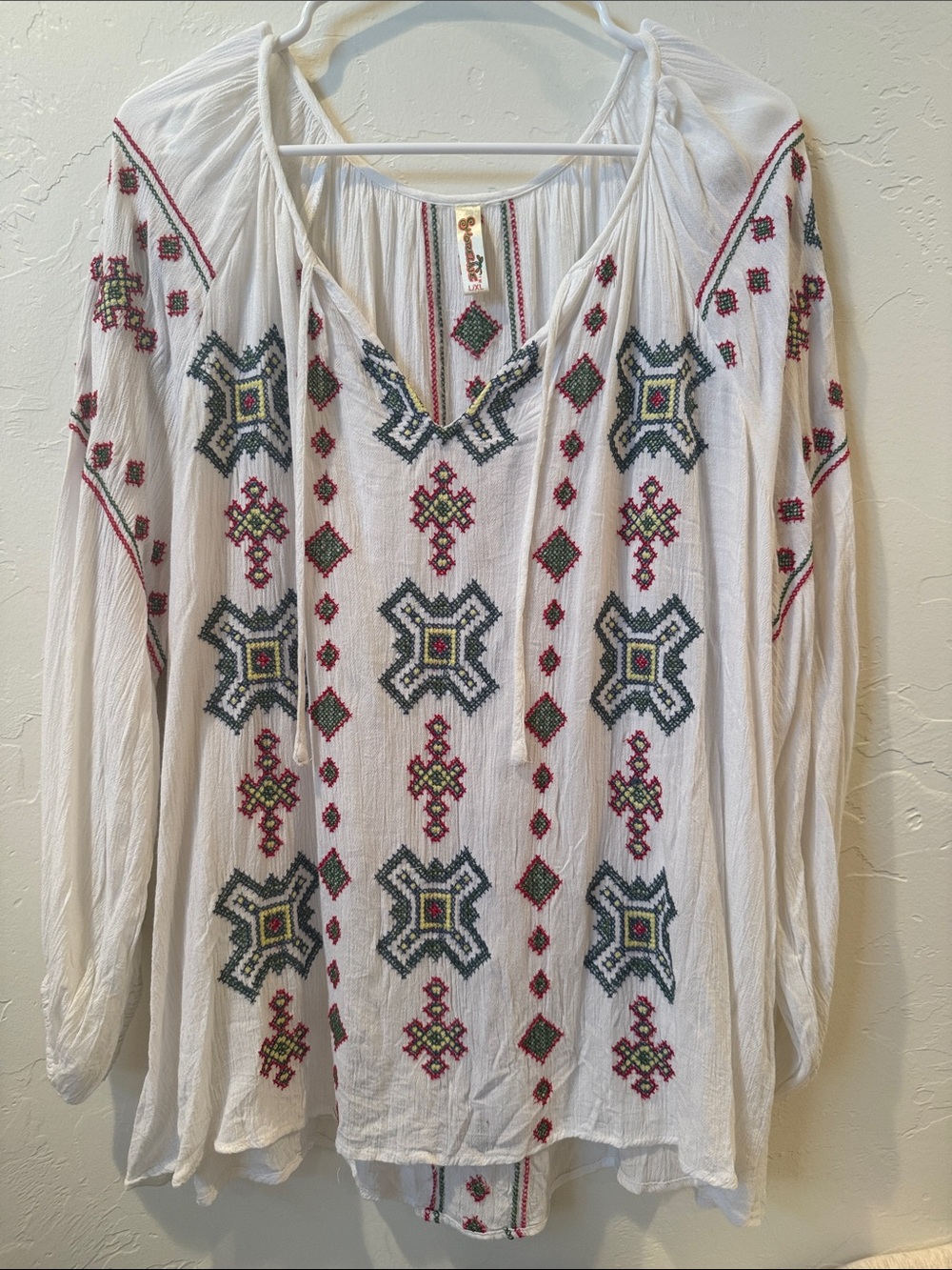 Shoreline White Embroidered Boho Tunic with Pink and Green Accents